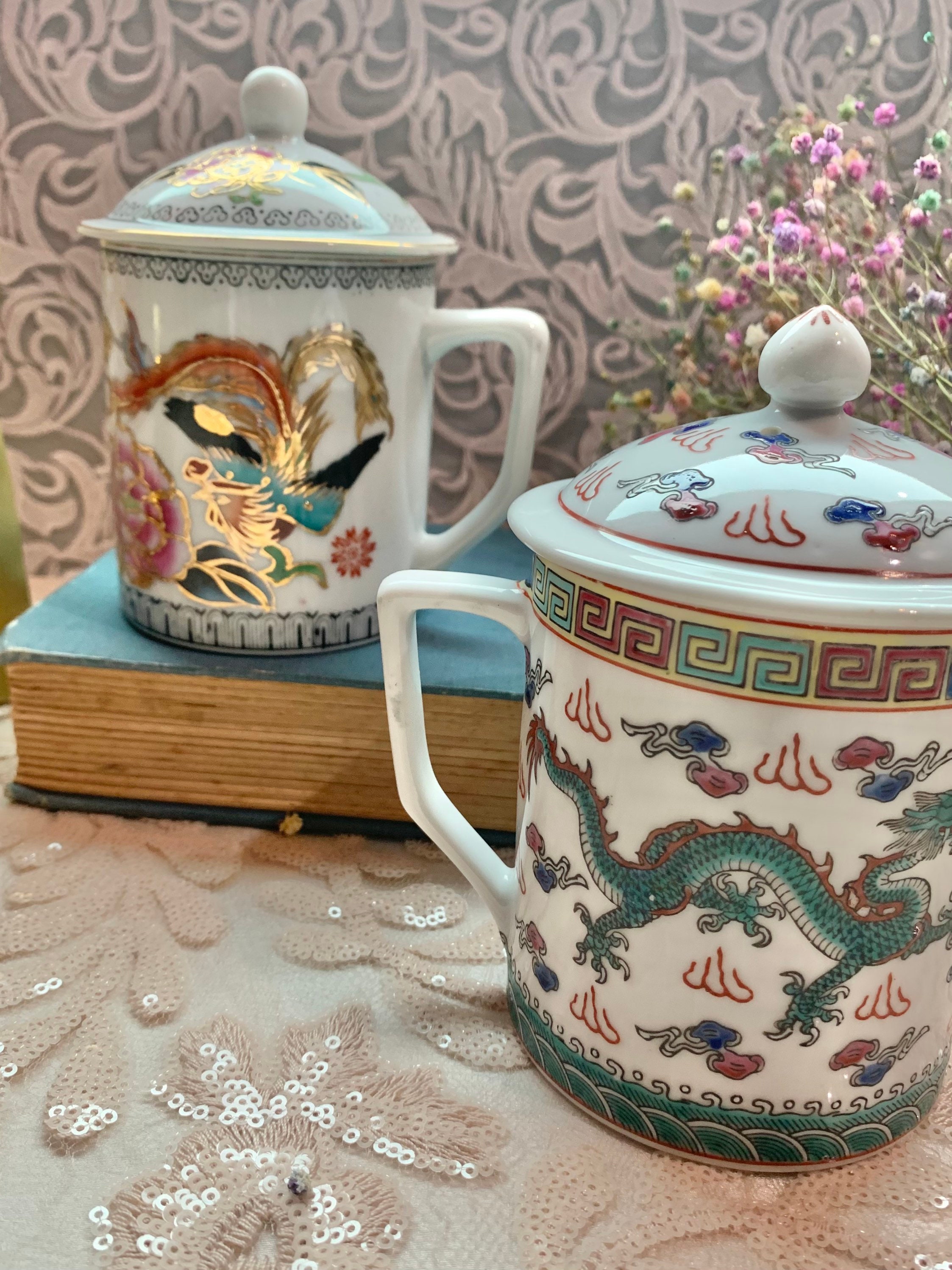 Unique and Colorful Vintage Chinese Lidded Teacups/mugs-set of 2 