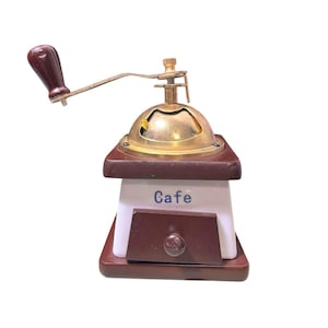 Vintage Cafe Porcelain Wood & Brass Coffee Grinder With Floral Pattern