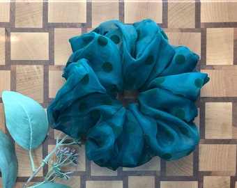 Green Polka Dot Scrunchie, Organza Scrunchie, Green sheer scrunchie, Polka Dot scrunchie, Sheer Scrunchy, scrunchie, hair scrunchy, Big Hair