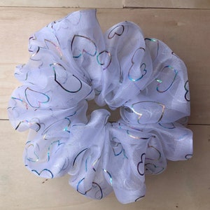 White Scrunchie, Heart Scrunchie, Sheer Scrunchy, Organza scrunchie, hair tie, hair scrunchy, organza, scrunchie, XXL oversized scrunchie