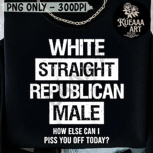 May include: Black sweatshirt with white text that reads "WHITE STRAIGHT REPUBLICAN MALE" in a bold, sans-serif font. Below, the text continues with "HOW ELSE CAN I PISS YOU OFF TODAY?" A gold chain is at the top.