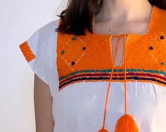 Brightest Tangerine Hand Embroidered Huipil Chipaneca