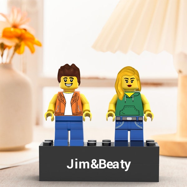 Minifig couple Lego personnalisé, Minifig personnalisée avec base gravée et boîte de présentation, cadeau pour les amoureux le jour de la Saint-Valentin