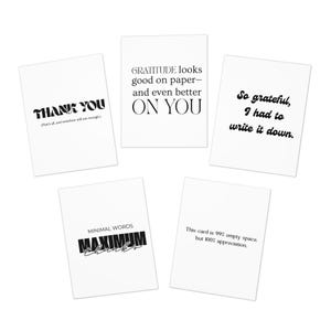Conjunto de cartões de agradecimento com tipografia minimalista, perfeito para agradecimentos, notas de gratidão, design minimalista, cartões de agradecimento para todas as ocasiões, pacote com 5
