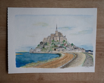モンサンミッシェル フランス 水彩画のオリジナルアートプリント