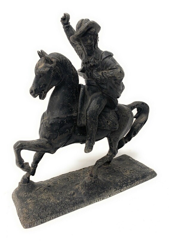 Antique Man On Horse Pot Metal Figure Sculpture