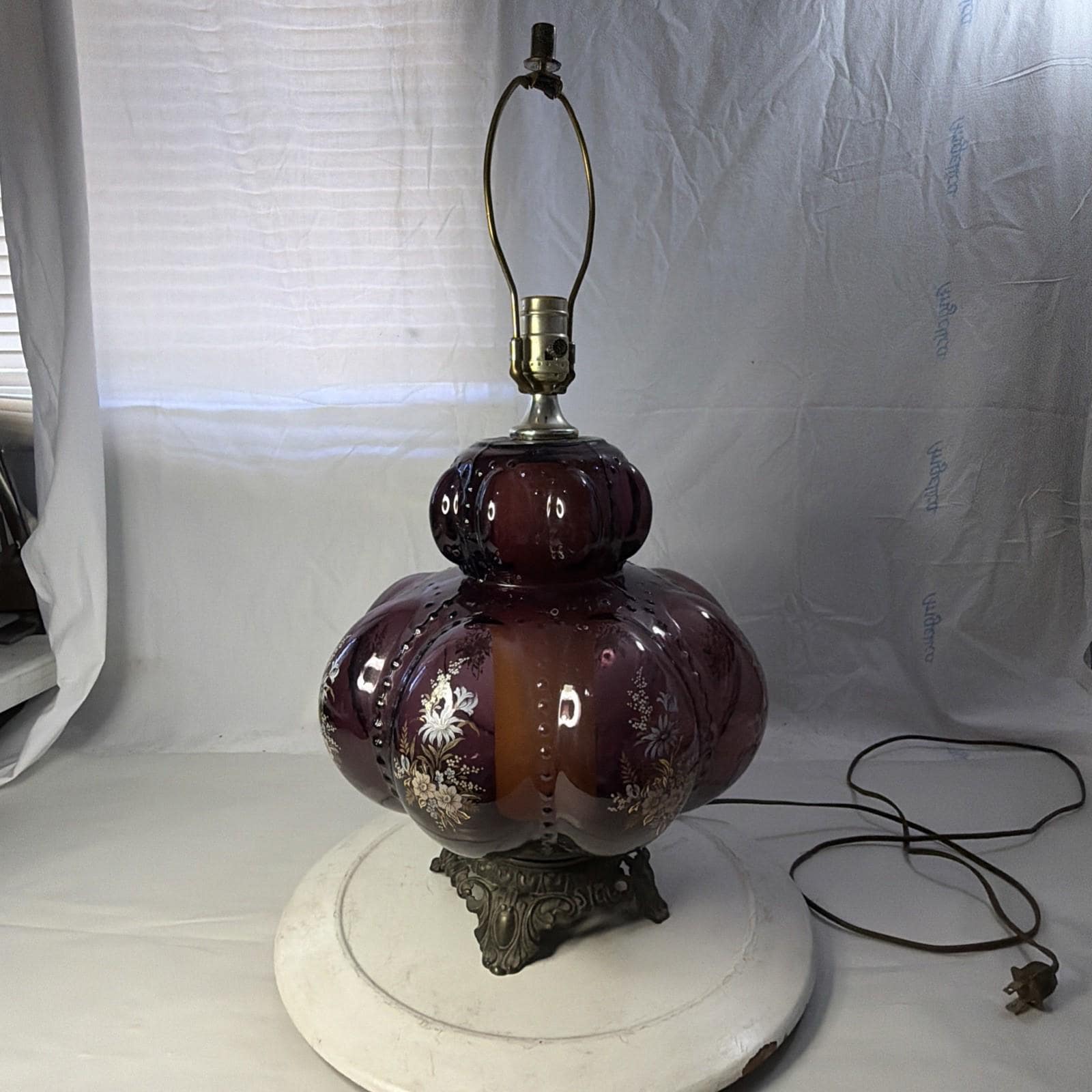 Mid-Century Table Lamp Hollywood Regency Purple Floral Bubble