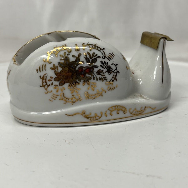 Vintage Porcelain Ceramic Tape Dispenser White w/Gold Floral Design