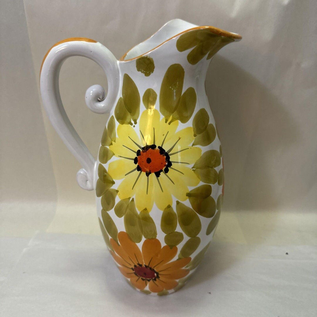 Vintage Italian Pottery Pitcher White With Hand Painted Floral Design ...