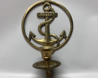 Vintage Brass Wall Mount Nautical Sconce. Anchor. Navy Candle Holder