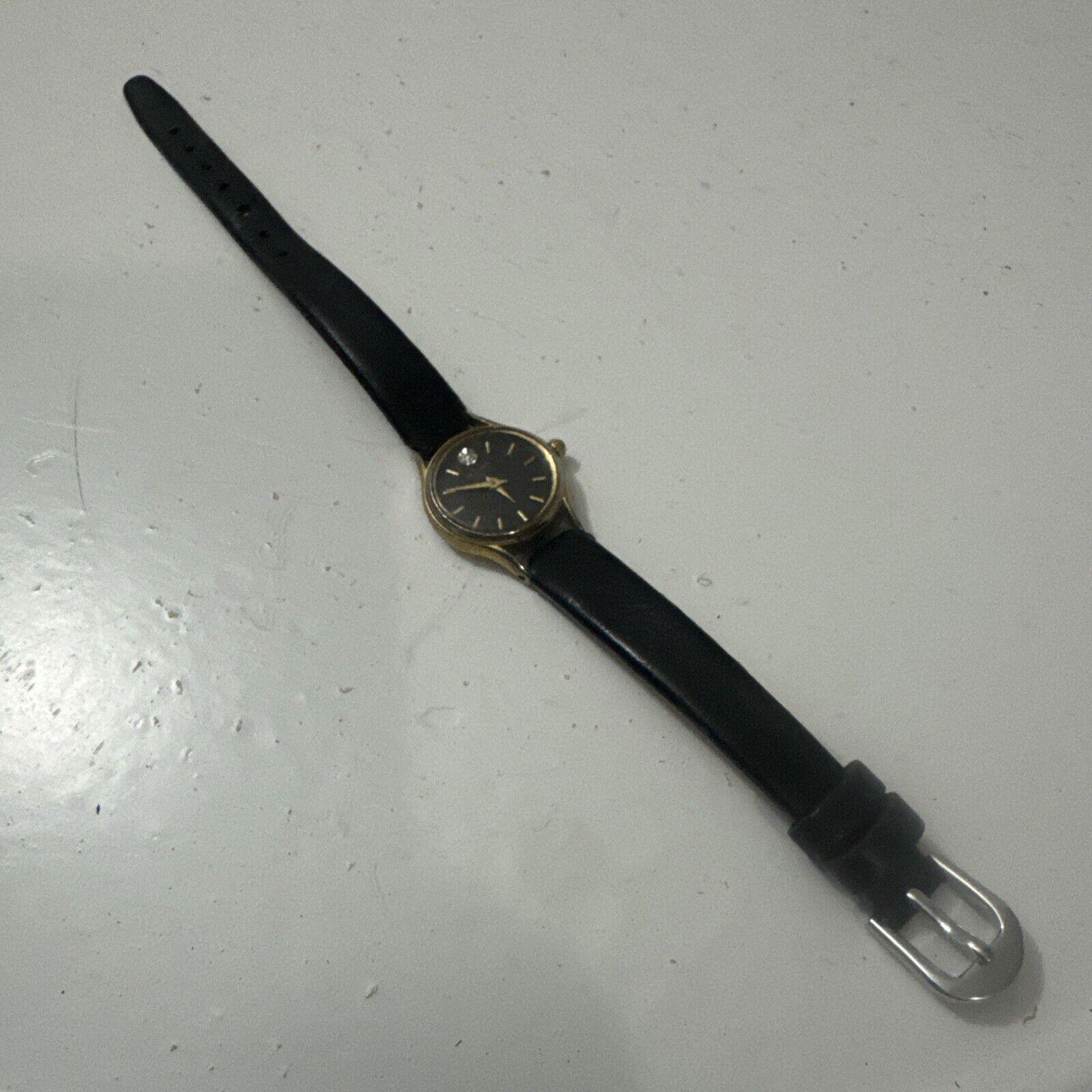 Vintage Bulova Watch Women Gold Tone 1980s Black Leather 
