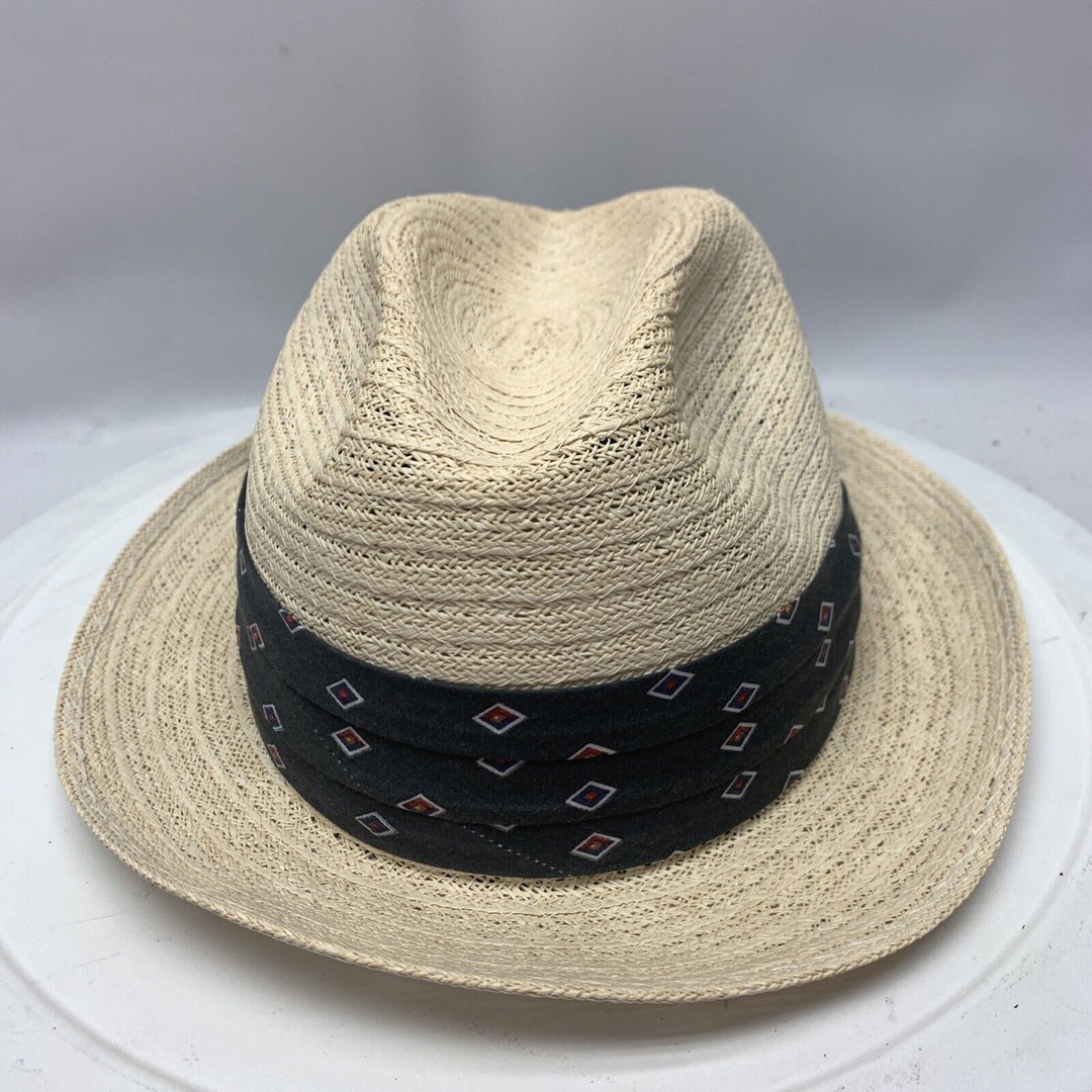 Vintage Mens Straw Fedora Hat Tan Woven With Black Wraparound USA