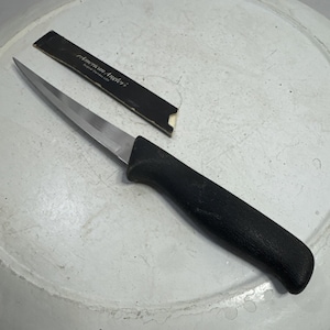 Puede incluir: Un cuchillo para filetear de acero inoxidable con un mango negro texturizado y una funda negra. La funda tiene el texto "American Angler" impreso. El cuchillo está diseñado para cortar con precisión.