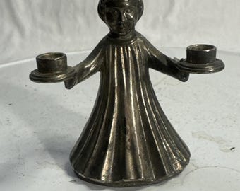 Stary świecznik z cyny dla chłopca/dziewczynki w kształcie chóru, mała figurka, 3" T, sygnowany WŁOCHY