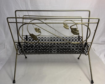 Vtg Magazine Rack Black Metal Gold Tone Trim Leaves Ball Feet Retro