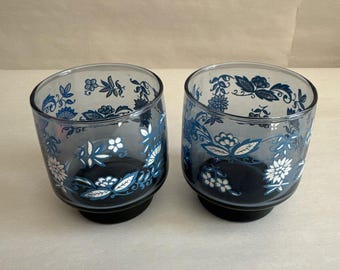 Vtg Set of 2 Libbey Low Ball Bar Blue Flower Glasses Cups Barware Drink