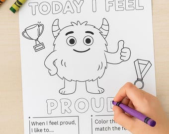 Pode incluir: Uma página para colorir com o texto "Today I Feel Proud" e uma ilustração de monstro de desenho animado. A página inclui instruções para colorir e escrever sobre sentimentos. Lápis de cor nas cores laranja, vermelho e verde são visíveis.