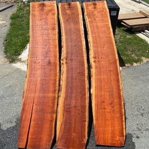 May include: Three long, unfinished wooden planks with natural edges. The planks are a rich reddish-brown color with lighter, golden-brown edges. The wood grain is visible, and one plank has a prominent crack.