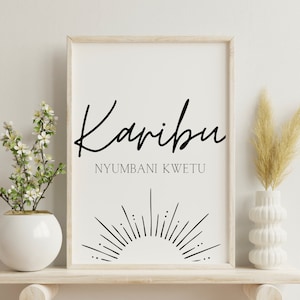 Signo de bienvenida swahili, Karibu, arte de la pared de Kenia