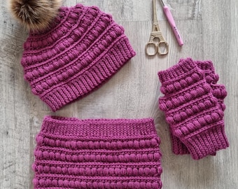 Crochet boho Beanie, Fingerless Mittens And Cowl Pattern: Paris Set (PDF with Video Tutorials)