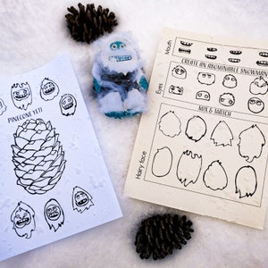 May include: A printable craft activity for kids to create their own abominable snowman. The printable features different facial features, including eyes, mouths, and hairy faces. The printable also includes a pine cone yeti illustration.