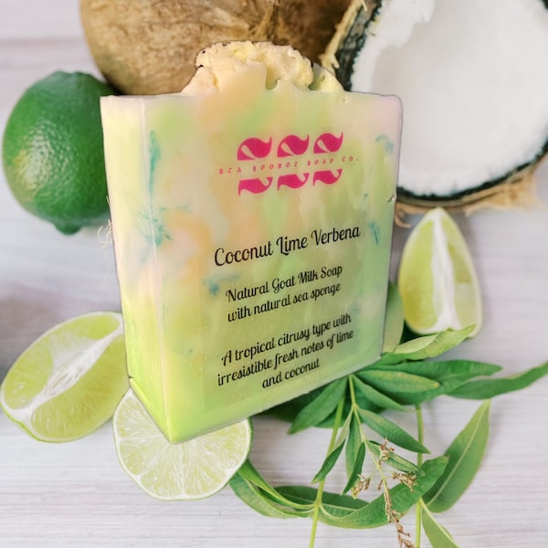 Sponge Soap- Coconut Lime Verbena All Natural Essential Oil Goat Milk Soap Infused With A Natural Sea Sponge