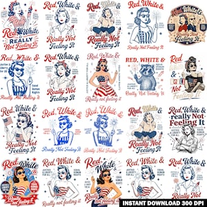 May include: A collection of twenty digital graphic designs featuring retro-style illustrations of people and a raccoon, incorporating red, white, and blue color schemes, fireworks, and the repeated text Red, White & Really Not Feeling It.