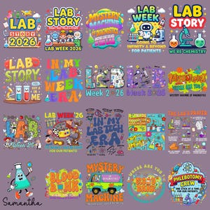 Può includere: Una collezione di grafiche colorate in stile cartone animato con testo a tema laboratorio. I disegni includono frasi come "Lab Story", "Lab Week" e "Mystery Machine". Le immagini presentano beute, microscopi e altre attrezzature di laboratorio. Il testo "Samantha" è in basso.
