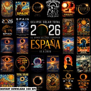 May include: A collection of graphic designs featuring the 2026 total solar eclipse in Spain. The images include illustrations of bulls, cruise ships, suns, and landscapes with text such as Total Solar Eclipse, Spain, 8.12.2026, and El Gran Eclipse Europeo.
