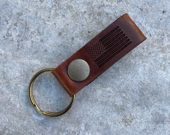 Engraved American Flag Leather Keychain - Patriotic Gift