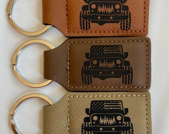 US Flag Offroad Faux Leather Keychain: Jeep Forest Scene