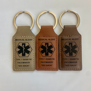 Engraved Medical Alert Keychain: Personalized Faux Leather Emergency ID