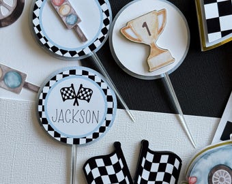 Vintage Race Car Cupcake Toppers: Blue Birthday Party Decorations