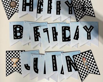 Vintage Race Car Birthday Banner | Blue Watercolor Pennants