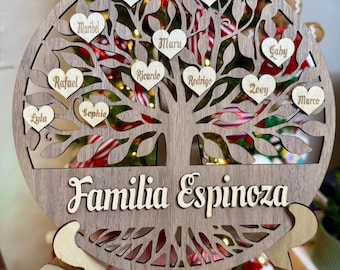 Personalized 3D Wood Family Tree, Engraved Grandkids Gift