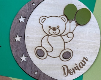Engraved Wooden Teddy Bear Milestone Marker | Personalized Baby Photo Prop