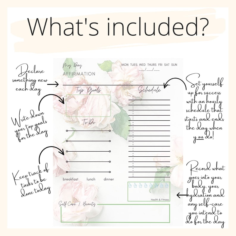 Daily Printable Planner Floral, Personal Hourly to Do List, Daily