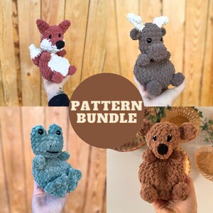 May include: A pattern bundle for crocheting four plush toys: a brown and white fox, a brown reindeer, a teal frog, and a brown bear. The pattern bundle is called "Pattern Bundle".