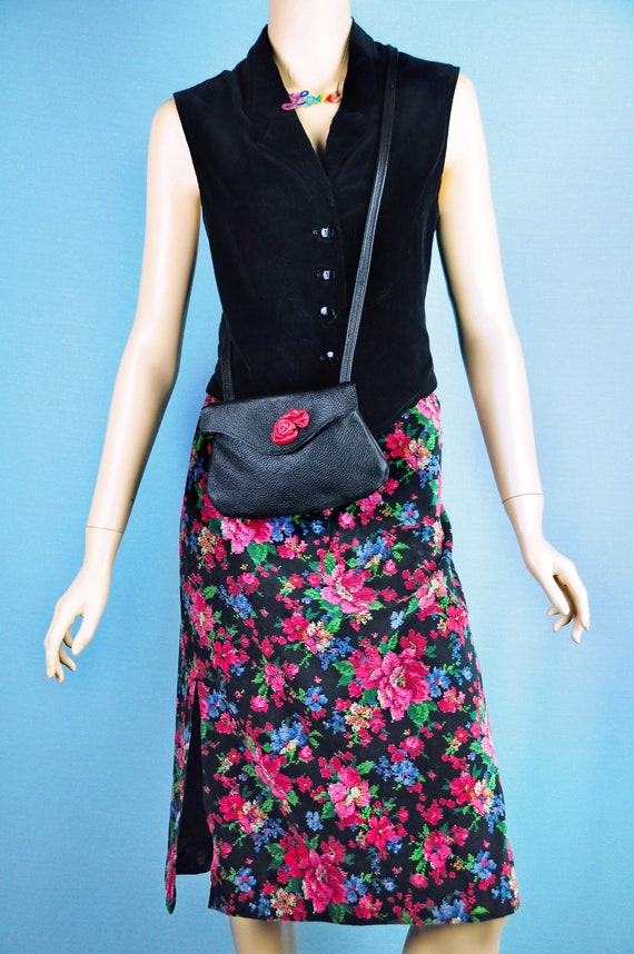 Vintage 70s VELVET ROSES Floral Cottagecore Skirt… - image 4