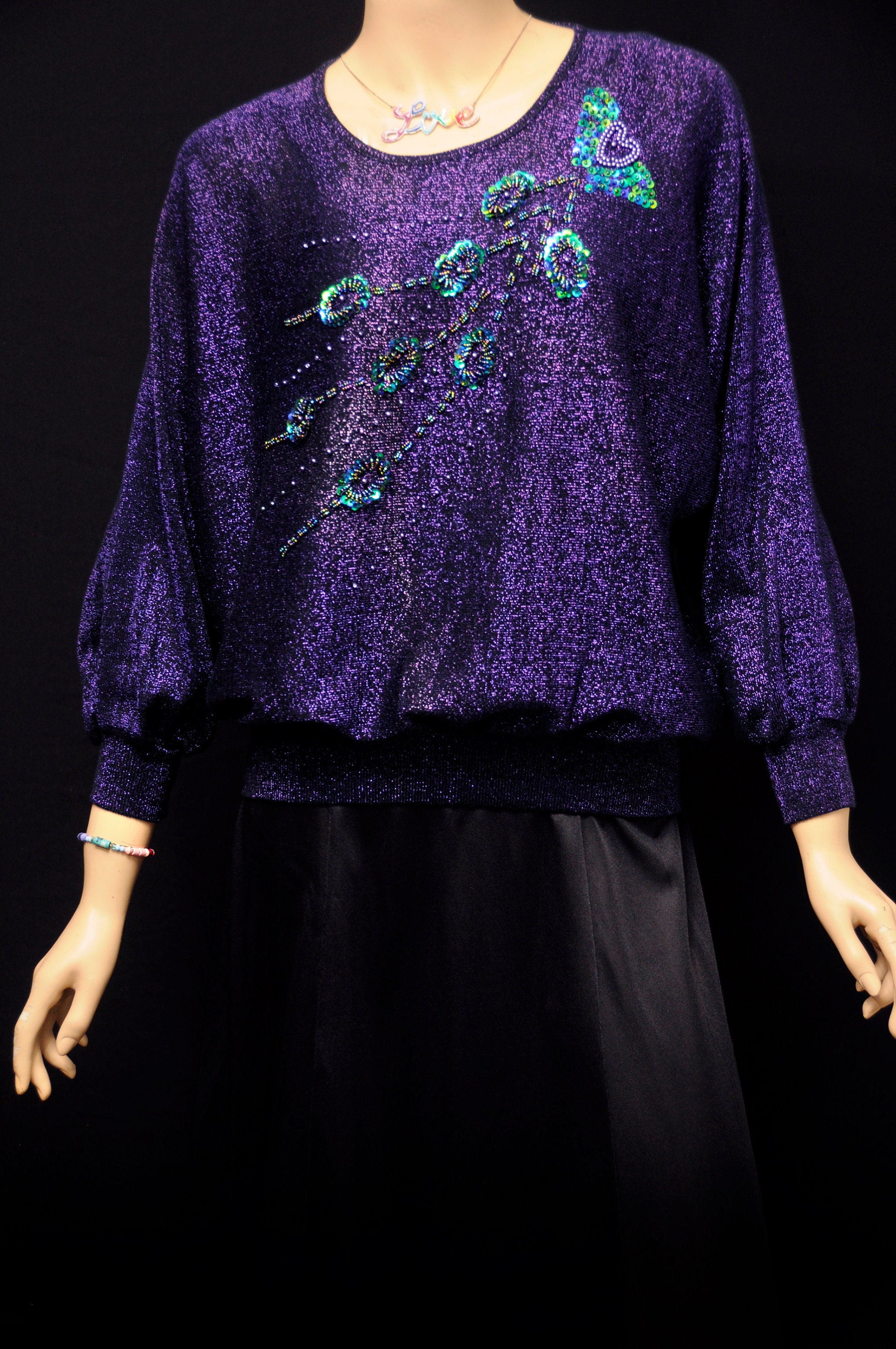 PULL SEQUINS en plumes de paon vintage des années 80 Lurex