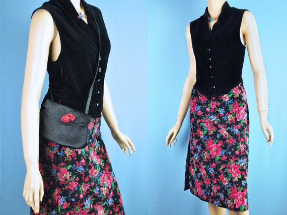Vintage 70s VELVET ROSES Floral Cottagecore Skirt… - image 5