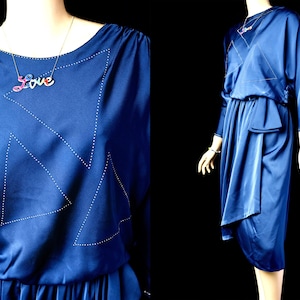 Sapphire Blue DIAMANTE Crystal Low Cut COWL Back Vintage 80s Prom Dress | Geometric Triangles | Sash Waist | Laborn Modell | Disco Party