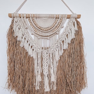Macrame Wall Hanging Tapestry in Boho Style Raffia Macrame Outdoor Wall Decor Flowing Macrame and Raffia Handmade in Bali Decor Wall Art
