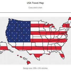 May include: A cross stitch chart of the USA map, designed in the colors of the American flag. The design size is 298 x 191 stitches.