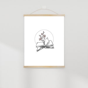 Books and Flowers Bookish Prints Digital Wall Art, Book art gifts, Neutral bookworm wall art, Line art with pop of color,