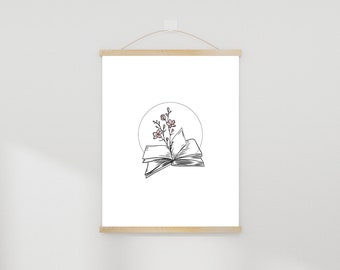 Books and Flowers Bookish Prints Digital Wall Art, Bookish gifts, Neutral bookworm wall art, Line art with pop of color,