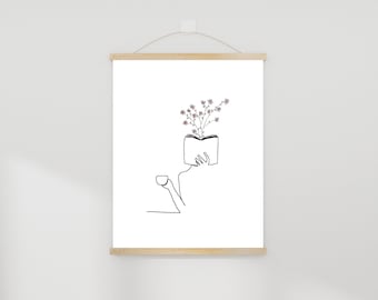 Floral Line Art Reading a Book Digital Wall Art, Drinking Coffee, Bookish Prints gifts, book lovers printable, coffee lover