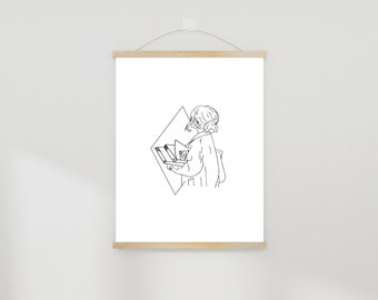 Woman Reading Line Art Print: Minimalist Book Nook Decor (Digital Download)