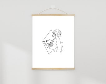 Female line art, Minimal Digital Wall Art, Woman holding Books Line art, Reading Nook Decor