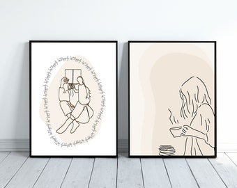 Woman holding coffee Digital art, Woman Reading Set of 2 Digital Printable, Female Line Art, Bookish prints gifts, Bookworm digital Wall Art